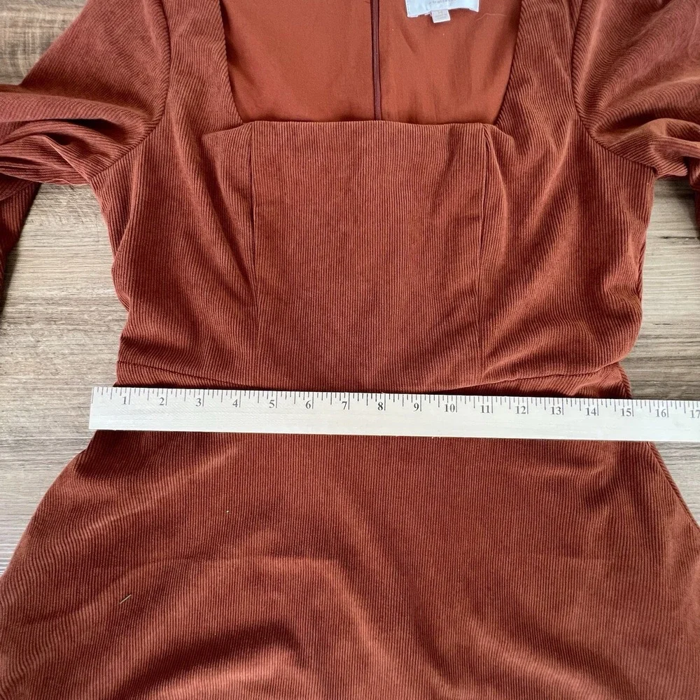 Franchescas Corduroy Babydoll Mini Dress Womens M Rust Brown Orange Square Neck - Picture 9 of 11